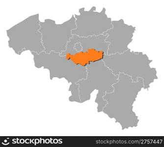 Map of Belgium, Walloon Brabant highlighted. Political map of Belgium with the several states where Flemish Brabant is highlighted.