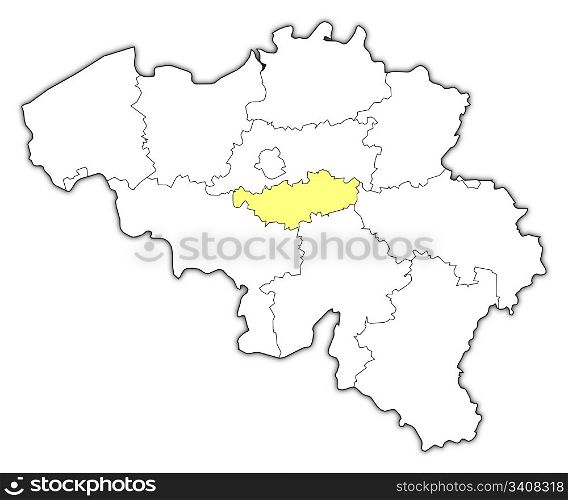 Map of Belgium, Walloon Brabant highlighted. Political map of Belgium with the several states where Flemish Brabant is highlighted.