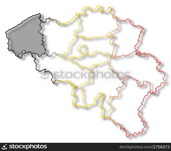 Map of Belgium, West Flanders highlighted. Political map of Belgium with the several states where West Flanders is highlighted.