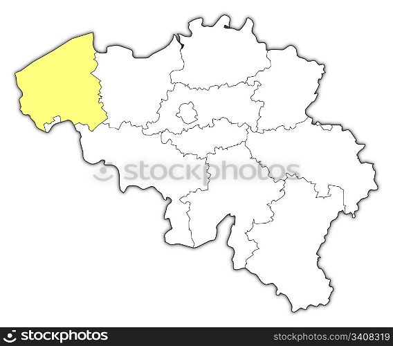 Map of Belgium, West Flanders highlighted. Political map of Belgium with the several states where West Flanders is highlighted.