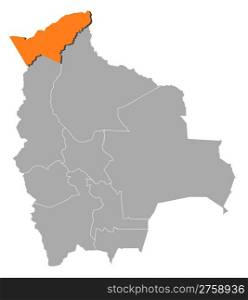 Map of Bolivia, Pando highlighted. Political map of Bolivia with the several departments where Pando is highlighted.