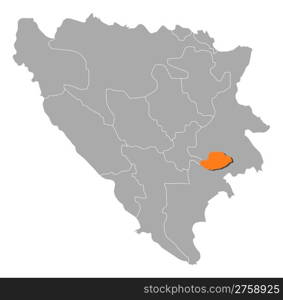 Map of Bosnia and Herzegovina, Bosnian Podrinje highlighted. Political map of Bosnia and Herzegovina with the several cantons where Bosnian Podrinje is highlighted.