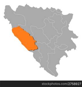 Map of Bosnia and Herzegovina, Canton 10 highlighted. Political map of Bosnia and Herzegovina with the several cantons where Canton 10 is highlighted.