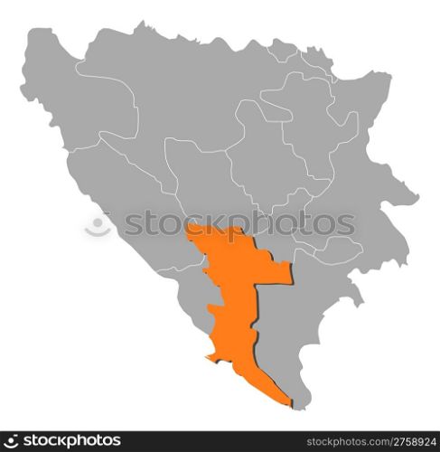 Map of Bosnia and Herzegovina, Herzegovina-Neretva highlighted. Political map of Bosnia and Herzegovina with the several cantons where Herzegovina-Neretva is highlighted.