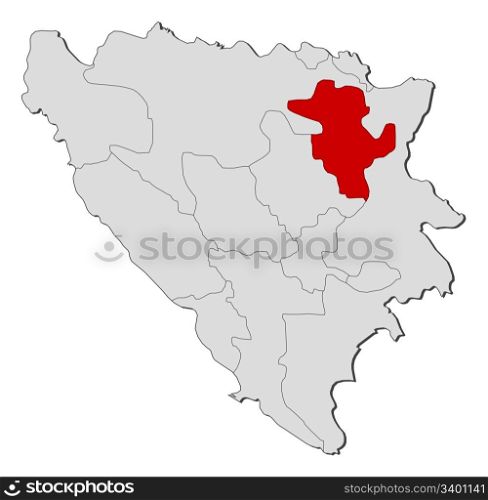 Map of Bosnia and Herzegovina, Tuzla highlighted. Political map of Bosnia and Herzegovina with the several cantons where Tuzla is highlighted.