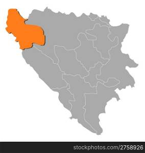 Map of Bosnia and Herzegovina, Una-Sana highlighted. Political map of Bosnia and Herzegovina with the several cantons where Una-Sana is highlighted.