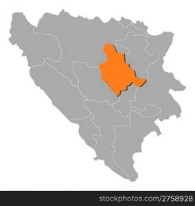 Map of Bosnia and Herzegovina, Zenica-Doboj highlighted. Political map of Bosnia and Herzegovina with the several cantons where Zenica-Doboj is highlighted.