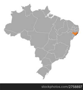 Map of Brazil, Alagoas highlighted. Political map of Brazil with the several states where Alagoas is highlighted.