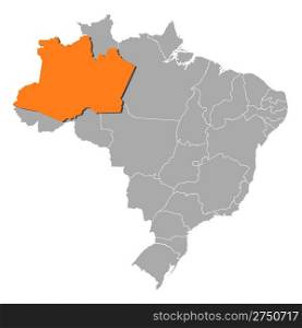 Map of Brazil, Amazonas highlighted. Political map of Brazil with the several states where Amazonas is highlighted.