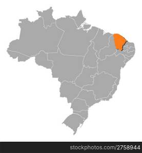Map of Brazil, Ceara highlighted. Political map of Brazil with the several states where Ceara is highlighted.