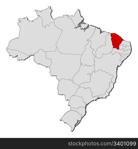 Map of Brazil, Ceara highlighted. Political map of Brazil with the several states where Ceara is highlighted.