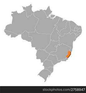 Map of Brazil, Espirito Santo highlighted. Political map of Brazil with the several states where Espirito Santo is highlighted.