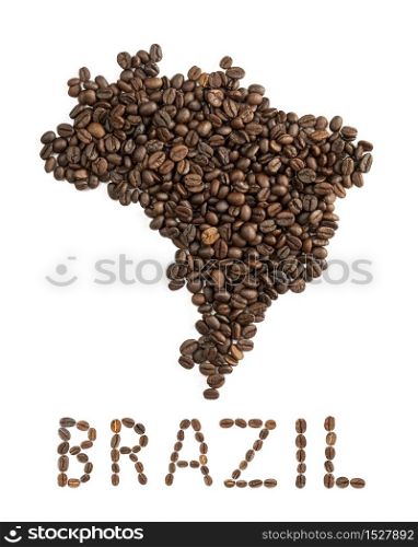 Map of Brazil made of roasted coffee beans isolated on white background. World of coffee conceptual image.. Map of Brazil made of roasted coffee beans isolated on white background.