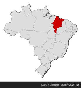 Map of Brazil, Maranhao highlighted. Political map of Brazil with the several states where Maranhao is highlighted.