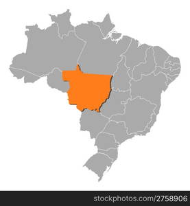 Map of Brazil, Mato Grosso highlighted. Political map of Brazil with the several states where Mato Grosso is highlighted.