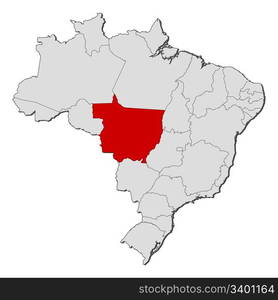 Map of Brazil, Mato Grosso highlighted. Political map of Brazil with the several states where Mato Grosso is highlighted.