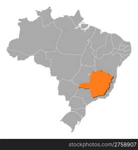 Map of Brazil, Minas Gerais highlighted. Political map of Brazil with the several states where Minas Gerais is highlighted.