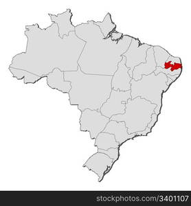 Map of Brazil, Paraiba highlighted. Political map of Brazil with the several states where Paraiba is highlighted.