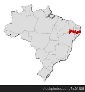 Map of Brazil, Pernambuco highlighted. Political map of Brazil with the several states where Pernambuco is highlighted.