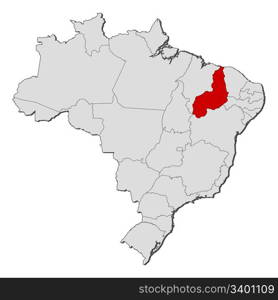 Map of Brazil, Piaui highlighted. Political map of Brazil with the several states where Piaui is highlighted.