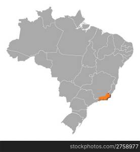 Map of Brazil, Rio de Janeiro highlighted. Political map of Brazil with the several states where Rio de Janeiro is highlighted.