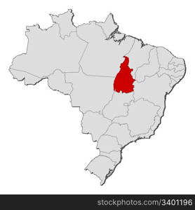 Map of Brazil, Tocantins highlighted. Political map of Brazil with the several states where Tocantins is highlighted.