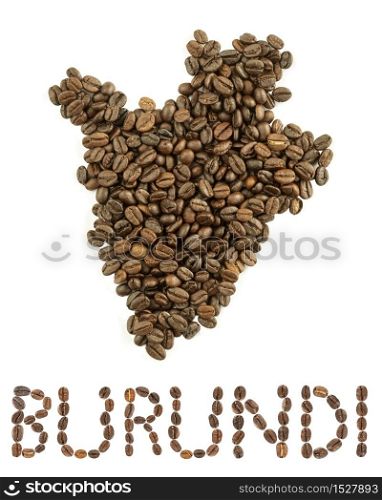 Map of Burundi made of roasted coffee beans isolated on white background. World of coffee conceptual image.. Map of Burundi made of roasted coffee beans isolated on white background.