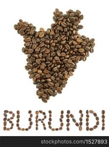 Map of Burundi made of roasted coffee beans isolated on white background. World of coffee conceptual image.. Map of Burundi made of roasted coffee beans isolated on white background.
