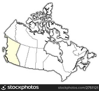 Map of Canada, British Columbia highlighted. Political map of Canada with the several provinces where British Columbia is highlighted.