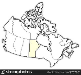 Map of Canada, Manitoba highlighted. Political map of Canada with the several provinces where Manitoba is highlighted.