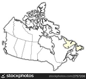 Map of Canada, Newfoundland and Labrador highlighted. Political map of Canada with the several provinces where Newfoundland and Labrador is highlighted.