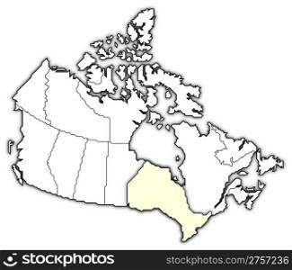 Map of Canada, Ontario highlighted. Political map of Canada with the several provinces where Ontario is highlighted.