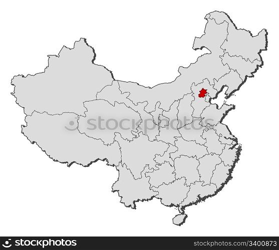 Map of China, Beijing highlighted. Political map of China with the several provinces where Beijing is highlighted.