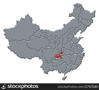 Map of China, Chongqing highlighted. Political map of China with the several provinces where Chongqing is highlighted.