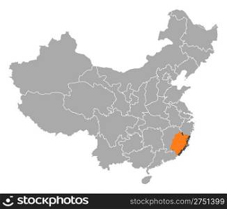 Map of China, Fujian highlighted. Political map of China with the several provinces where Fujian is highlighted.