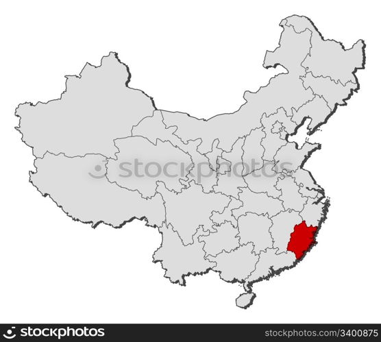 Map of China, Fujian highlighted. Political map of China with the several provinces where Fujian is highlighted.