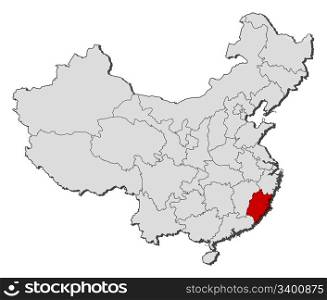 Map of China, Fujian highlighted. Political map of China with the several provinces where Fujian is highlighted.
