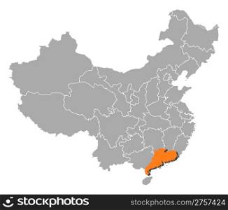 Map of China, Guangdong highlighted. Political map of China with the several provinces where Guangdong is highlighted.