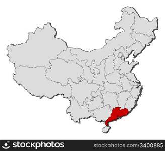 Map of China, Guangdong highlighted. Political map of China with the several provinces where Guangdong is highlighted.