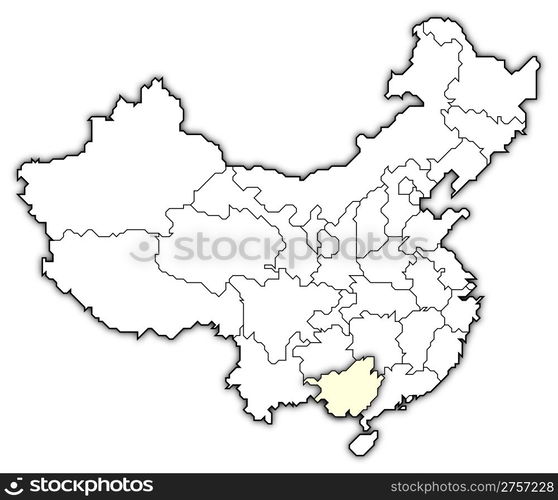 Map of China, Guangxi highlighted. Political map of China with the several provinces where Guangxi is highlighted.