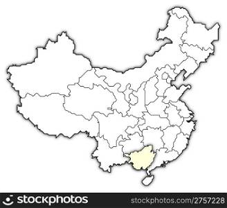 Map of China, Guangxi highlighted. Political map of China with the several provinces where Guangxi is highlighted.