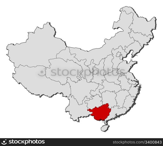 Map of China, Guangxi highlighted. Political map of China with the several provinces where Guangxi is highlighted.