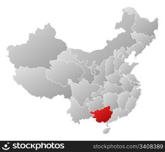 Map of China, Guangxi highlighted. Political map of China with the several provinces where Guangxi is highlighted.