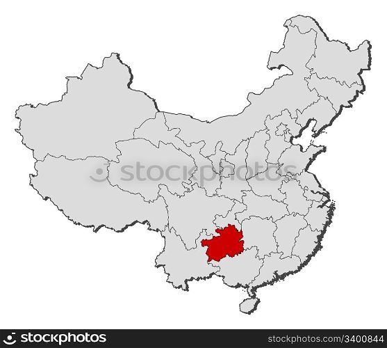 Map of China, Guizhou highlighted. Political map of China with the several provinces where Guizhou is highlighted.