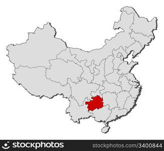 Map of China, Guizhou highlighted. Political map of China with the several provinces where Guizhou is highlighted.