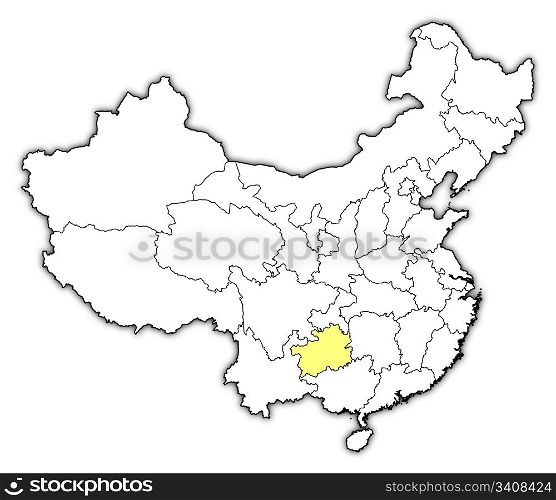 Map of China, Guizhou highlighted. Political map of China with the several provinces where Guizhou is highlighted.
