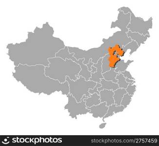 Map of China, Hebei highlighted. Political map of China with the several provinces where Hebei is highlighted.