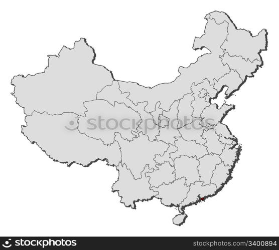 Map of China, Hong Kong highlighted. Political map of China with the several provinces where Hong Kong is highlighted.
