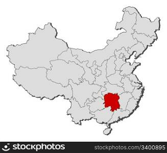 Map of China, Hunan highlighted. Political map of China with the several provinces where Hunan is highlighted.