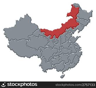 Map of China, Inner Mongolia highlighted. Political map of China with the several provinces where Inner Mongolia is highlighted.